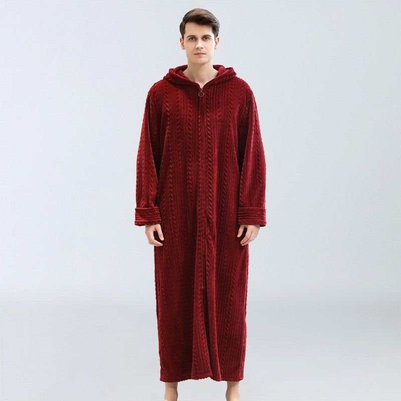 Couples Winter Casual Home Solid Color Rib-Knit Flannel Hooded Zipper Long Sleeve Robes Sleepwear