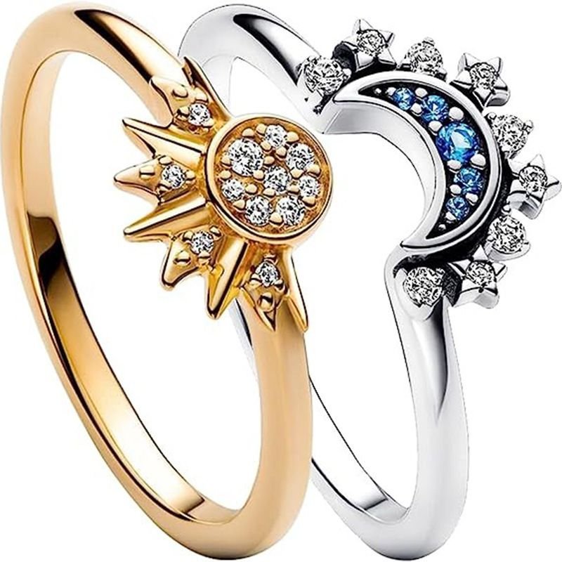 Simple Shining Sun Moon Blue Rhinestone Stacked Couple Ring Set