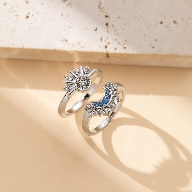 Simple Shining Sun Moon Blue Rhinestone Stacked Couple Ring Set