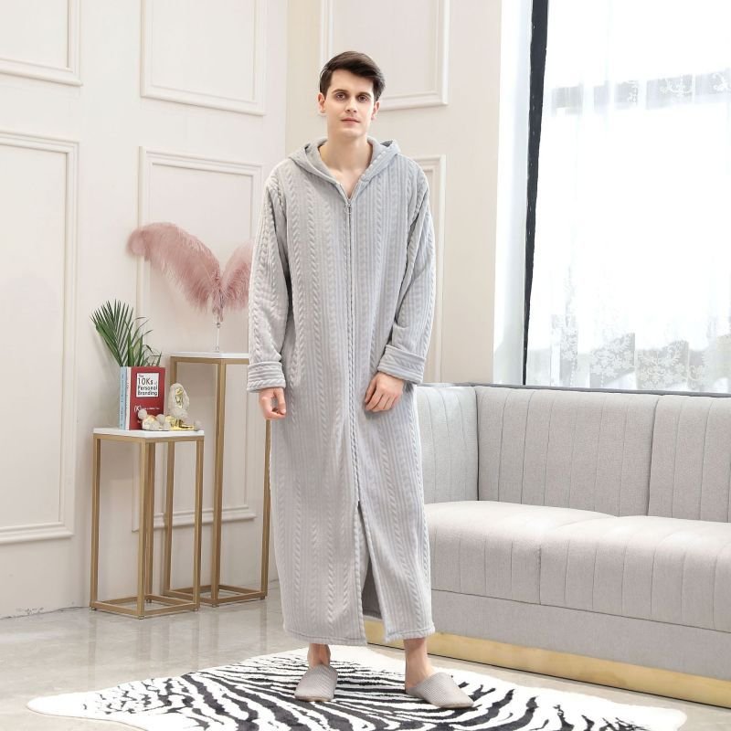 Couples Winter Casual Home Solid Color Rib-Knit Flannel Hooded Zipper Long Sleeve Robes Sleepwear