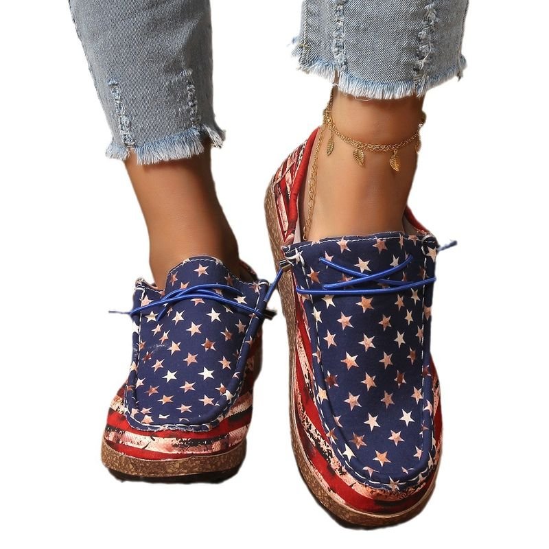 Summer Women Casual Plus Size American Independence Day Star Print Slip-On Shoes