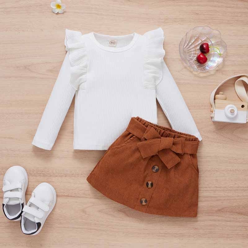 Kids Toddler Girls Spring Autumn Casual Cute Solid Color Rib-Knit Long Sleeve Top Skirt Sets