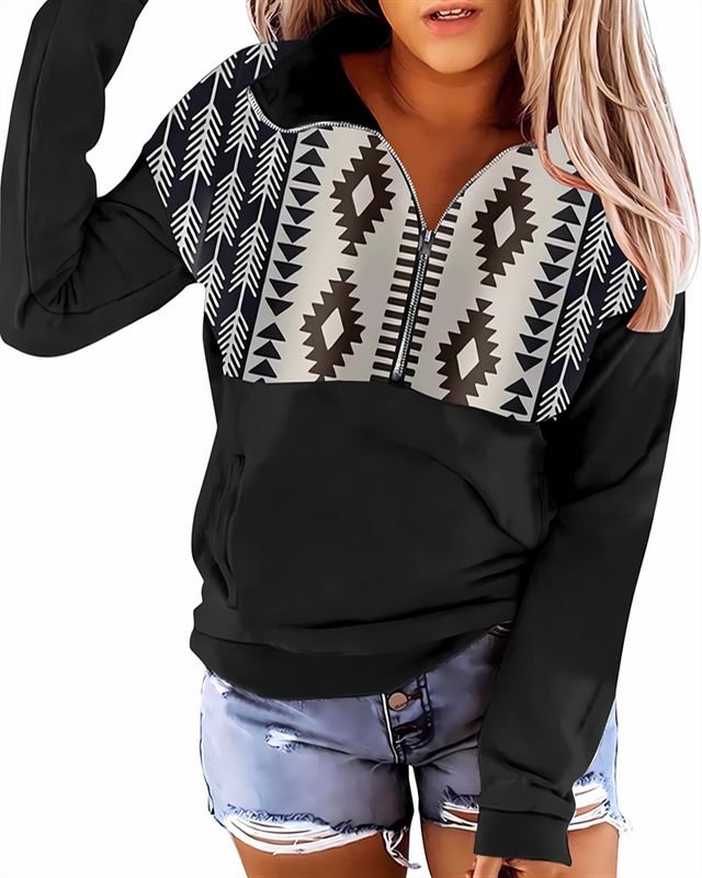 Women Fashion Geometric Print Half Zip Long Sleeve Sweatshirt