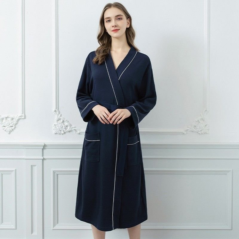 Couples Spring Autumn Fashion Casual Home Solid Color Waffle V Neck Long Sleeve Robes Sleepwear