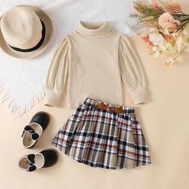 Kids Toddler Girls Fashion Casual Solid Color Rib-Knit Long-Sleeved Turtle Neck Top Plaid Skirt Sets