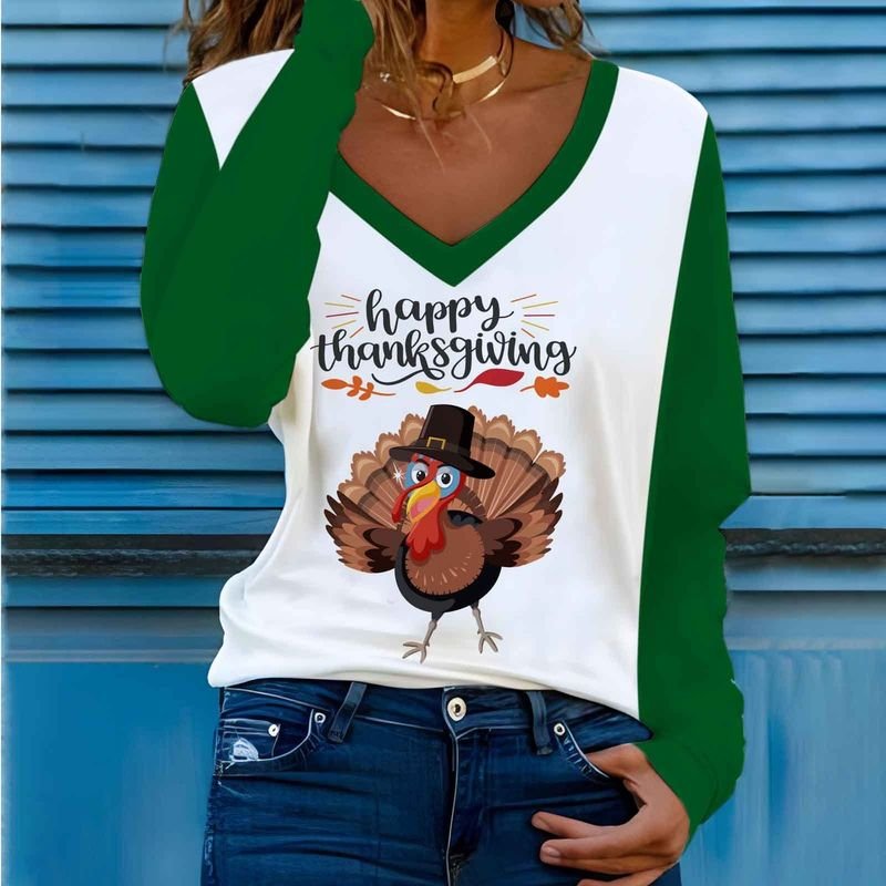 Women Long Sleeve V Neck Thanksgiving Pumpkin Autumn Turkey Party 3d Print T-Shirt