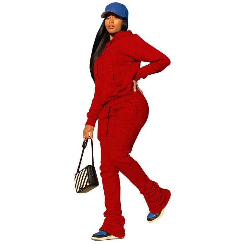 Women Fashion Solid Color Fleece-Lined Long Sleeve Hooded Sweat Drawstring Pants Two-Piece Set