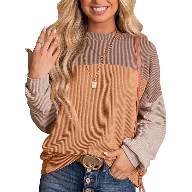 Women Fashion Casual Stripe Color Matching Round Neck Long Sleeve Sweatshirt