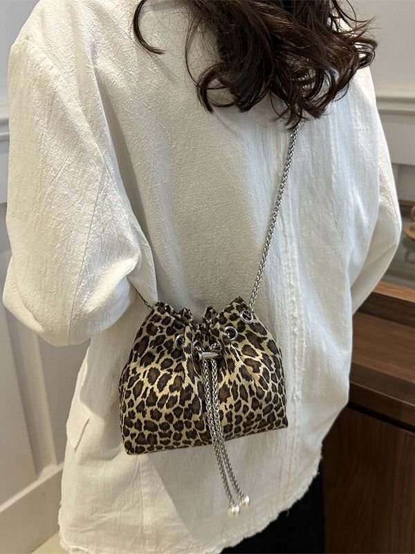 Women Fashion Leopard Printed Chain Bucket Bag