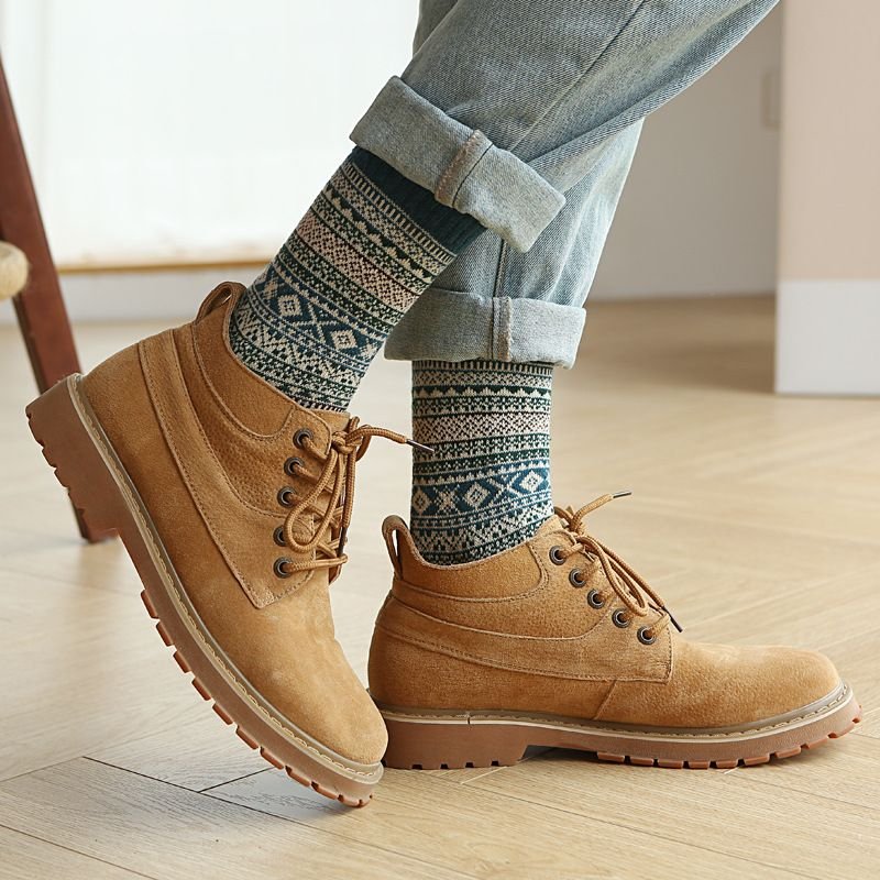 Autumn Winter Men Retro Ethnic Style Diamond Corrugated Thick Warm Socks