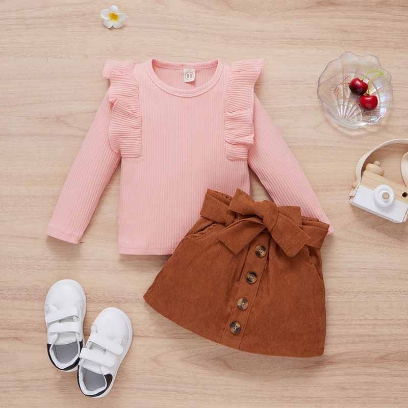 Kids Toddler Girls Spring Autumn Casual Cute Solid Color Rib-Knit Long Sleeve Top Skirt Sets