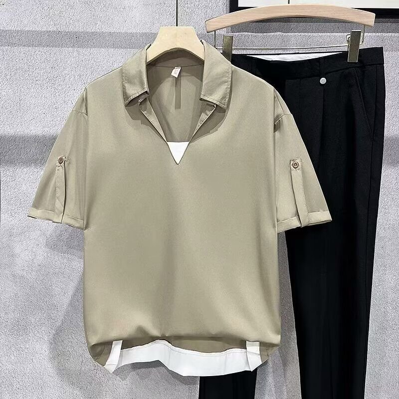 Men Fashion Casual Basic False Two-Piece Short Sleeve Lapel POLO Shirt