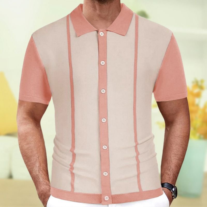 Men Fashion Casual Color Matching Stripe Cardigan Knitted Short Sleeve Lapel Shirt