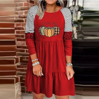 Thanksgiving Women Fashion Cartoon Pumpkin Stripe Print Dress