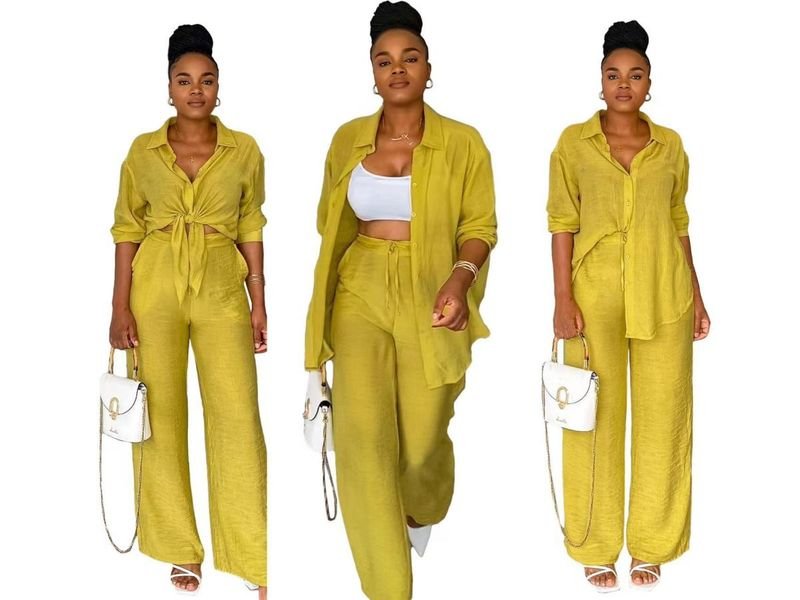 Women Fashion Casual Lapel Long Sleeve Shirt Top Pants Two-Piece Set