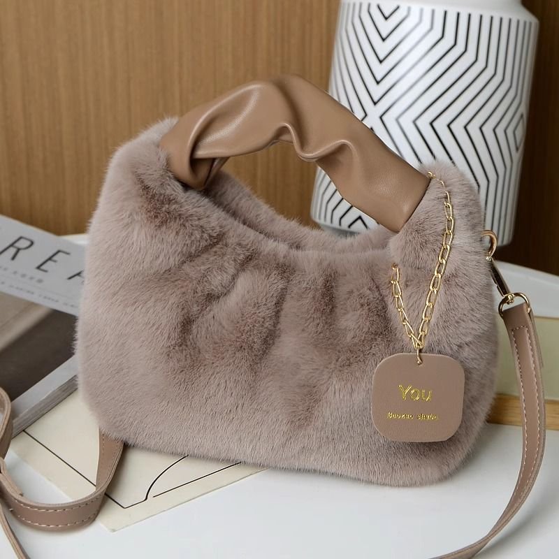 Autumn Winter Women Fashion Solid Color Plush Chain Handle Shoulder Bag