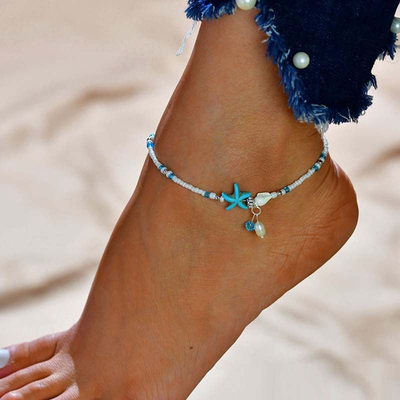 Summer Women Bohemian Style Rice Beads Beaded Shell Starfish Pearl Foot Chain Set