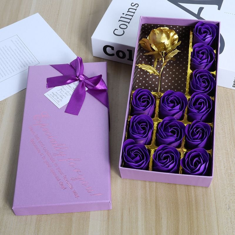 Valentine'S Day Simulation Flower 12 Gold Foil Soap Rose Small Gift Box