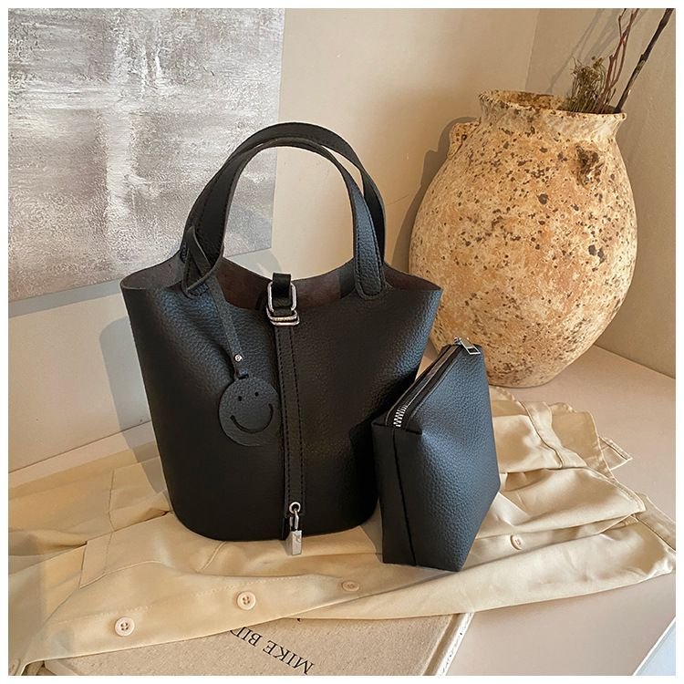 Women Fashionable Solid Color Large Capacity PU Handle Bucket Bag