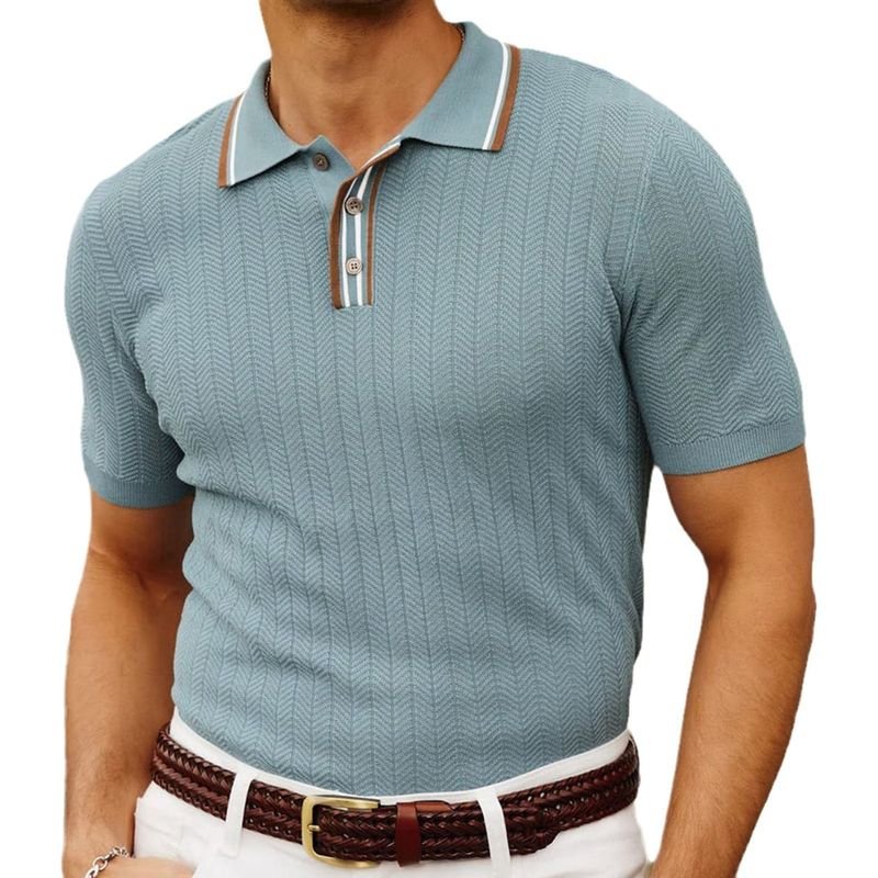 Men Fashion Casual Business Stripe Knitted Short Sleeve Lapel POLO Shirt