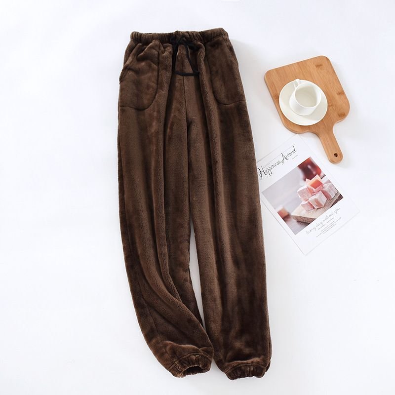 Men Autumn Winter Casual House Pajamas Solid Color Flannel Trousers