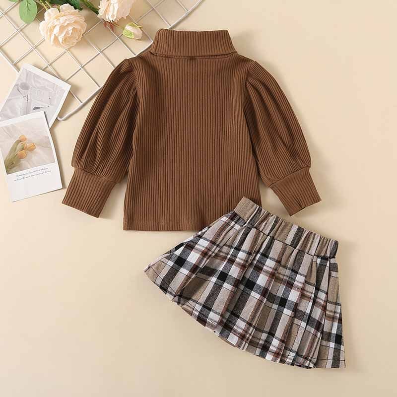 Kids Toddler Girls Fashion Casual Solid Color Rib-Knit Long-Sleeved Turtle Neck Top Plaid Skirt Sets