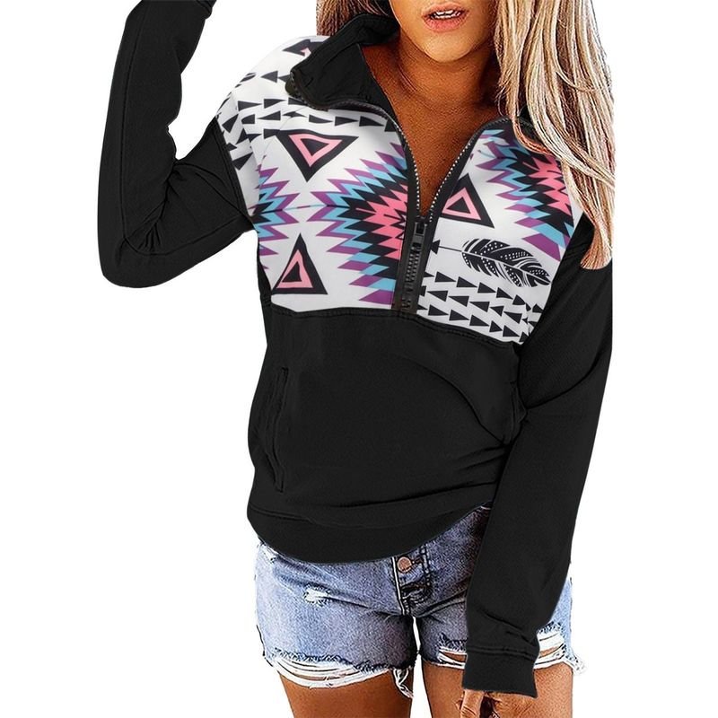 Women Fashion Geometric Print Half Zip Long Sleeve Sweatshirt