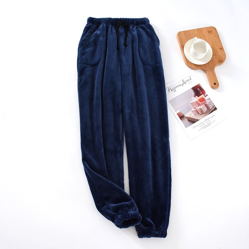 Men Autumn Winter Casual House Pajamas Solid Color Flannel Trousers