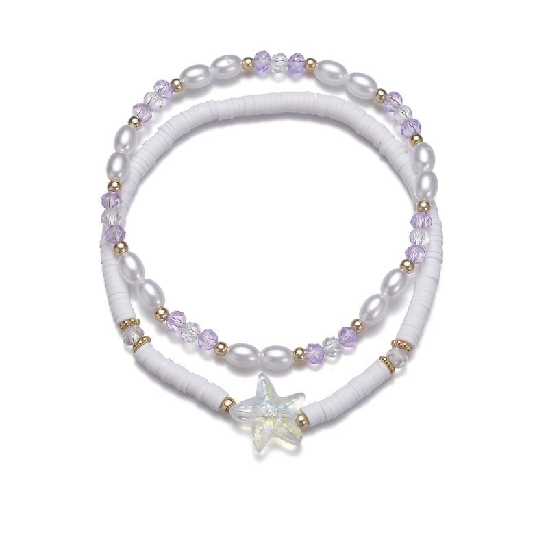 Women Fashion Acrylic Starfish Pearl Crystal Soft Ceramic Elastic Anklet 2 Piece Set