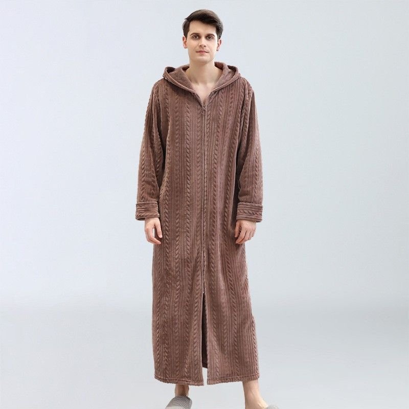 Couples Winter Casual Home Solid Color Rib-Knit Flannel Hooded Zipper Long Sleeve Robes Sleepwear