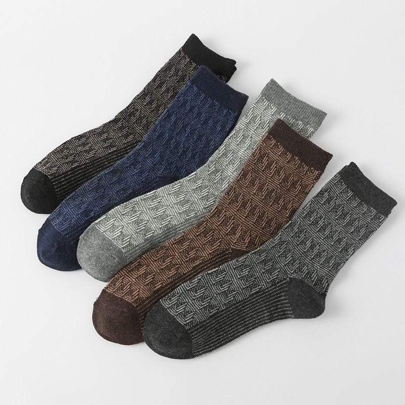 Autumn Winter Men Retro Ethnic Style Diamond Corrugated Thick Warm Socks