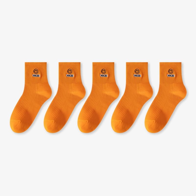 Men Simple Smiley Letter Embroidered Breathable Socks 5 Pair-Pack