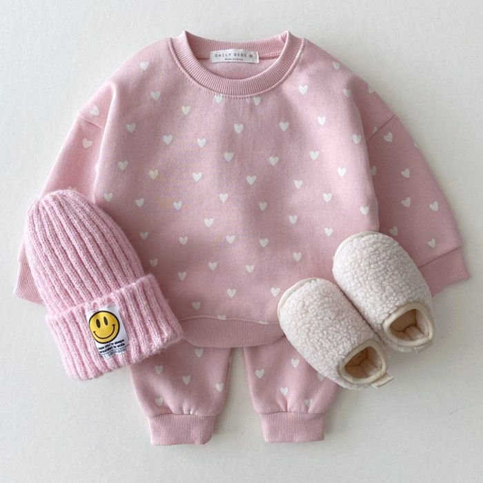 Kids Baby Boys Girls Casual Cute Hearts Print Long Sleeve Sweatshirts Trousers Sets