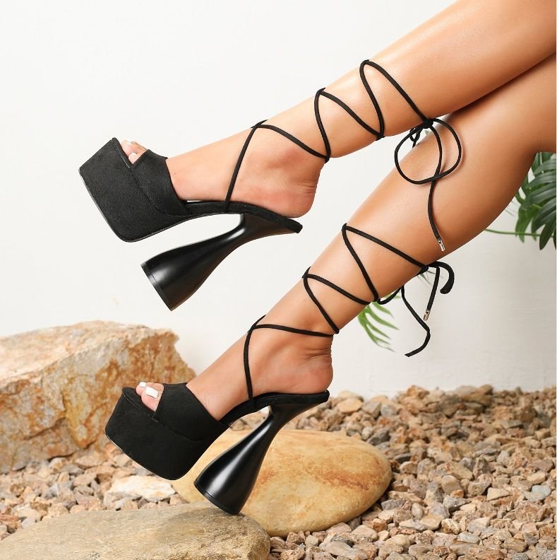 Women Fashion Solid Color Lace-Up Platform Chunky Heel Sandals