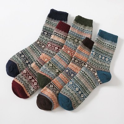 Autumn Winter Men Retro Ethnic Style Diamond Corrugated Thick Warm Socks