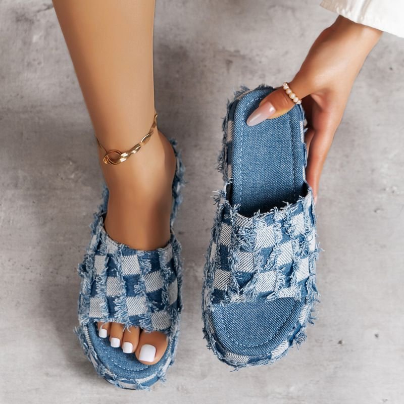 Women Fashion Casual PU Denim Plaid Round Toe Thick-Soled Slippers