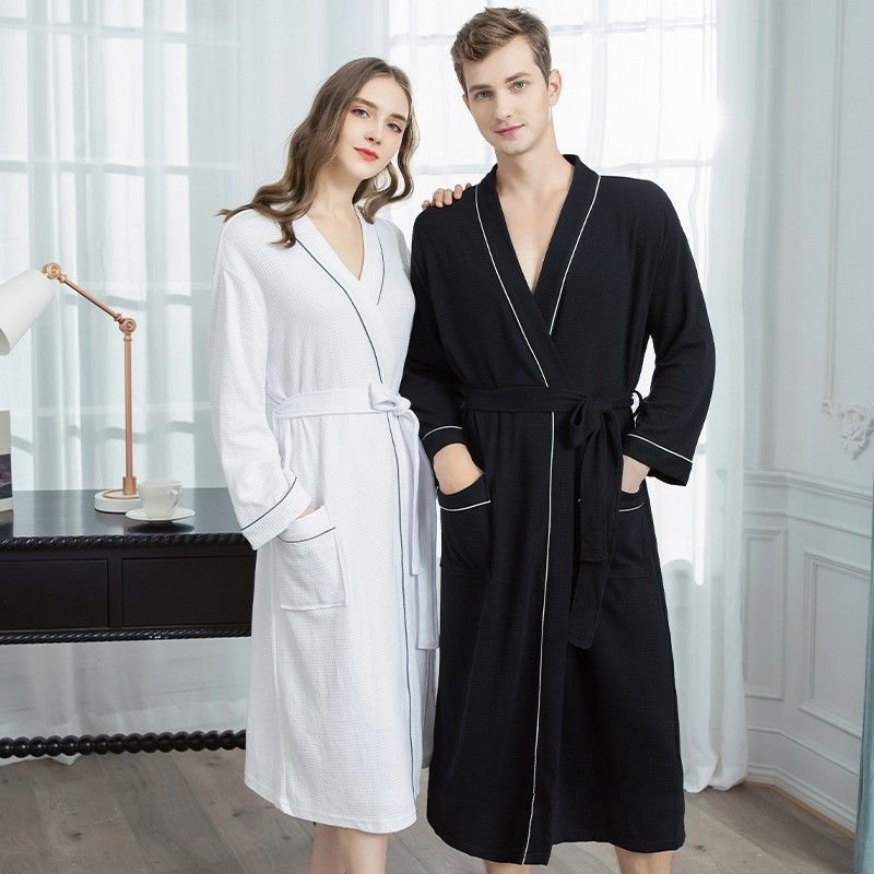 Couples Spring Autumn Fashion Casual Home Solid Color Waffle V Neck Long Sleeve Robes Sleepwear