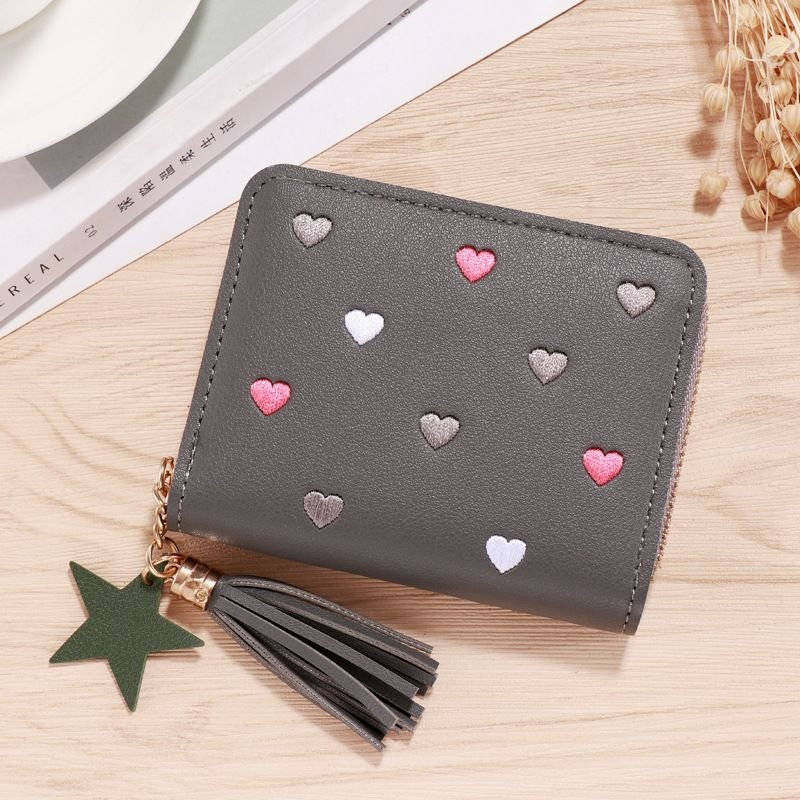 Women Fashion Casual Heart Pattern PU Zipper Wallets