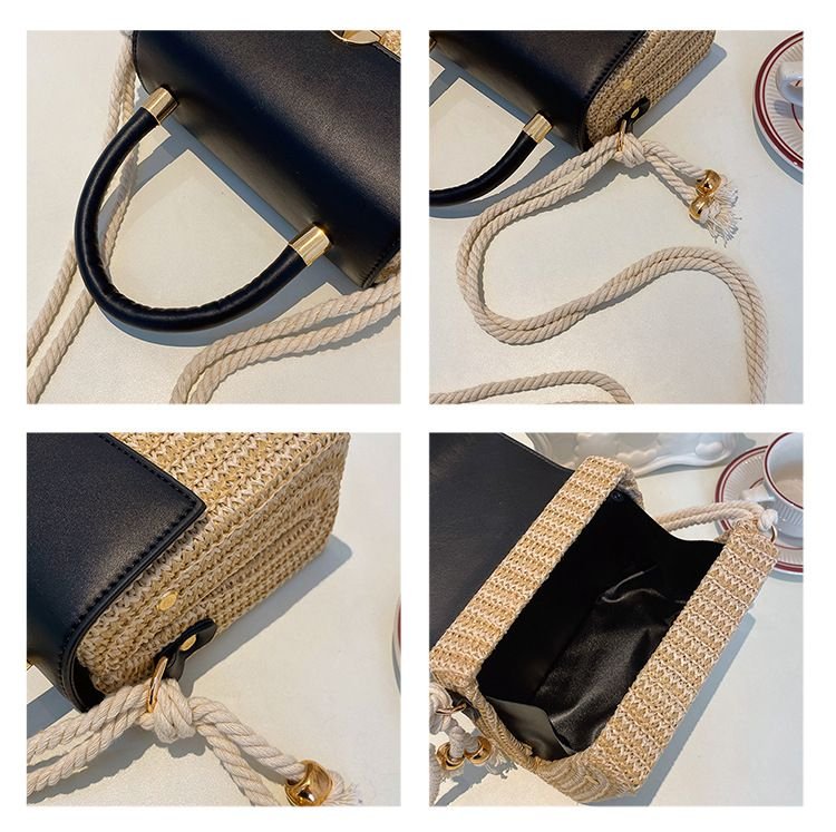 Summer Women Simple Square Straw Woven Flap-On Hemp Rope Handle Shoulder Bag