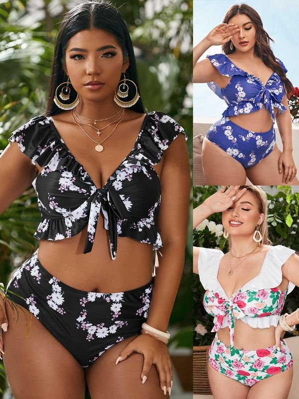 Women Fashion Sexy Plus Size Floral Print Strap Swimsuit Set