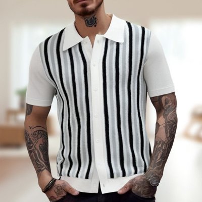 Men Fashion Casual Stripe Cardigan Knitted Short Sleeve Lapel Shirt