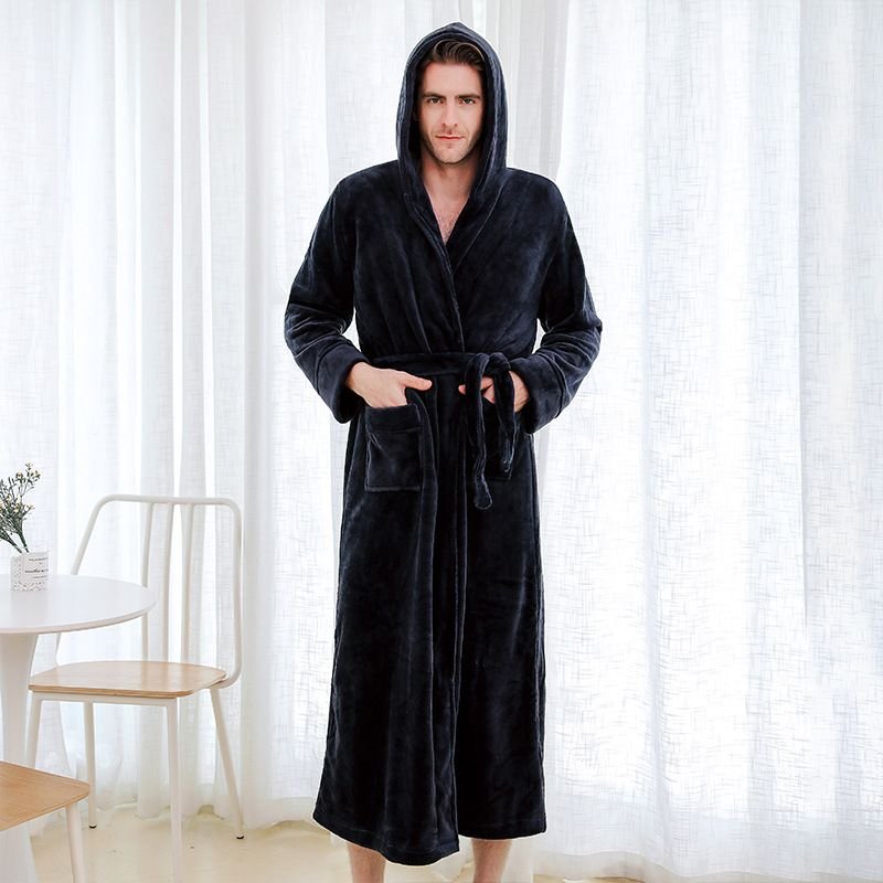 Men Winter Fashion Casual Home Solid Color Flannel Lapel Long Sleeve Hooded Robes Sleepwear