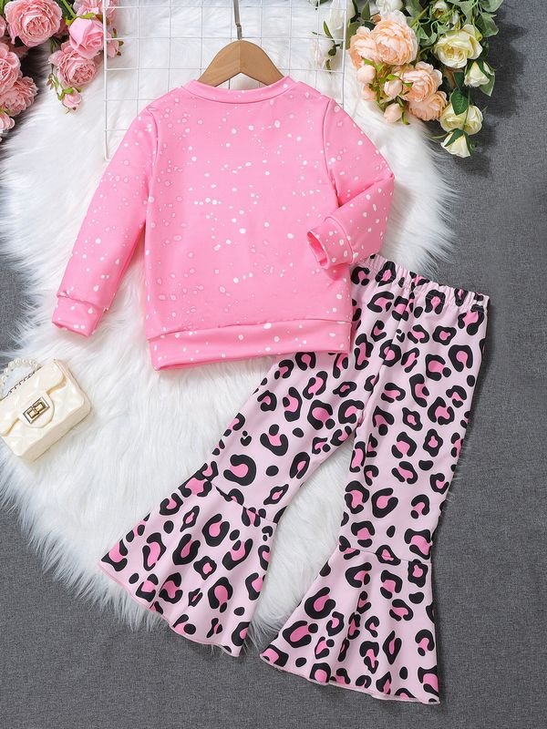 Kids Toddler Girls Casual Cute Alphabet Print Long Sleeve Sweatshirts Leopard Flare Trousers Sets