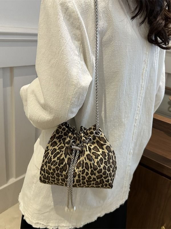 Women Fashion Leopard Printed Chain Bucket Bag