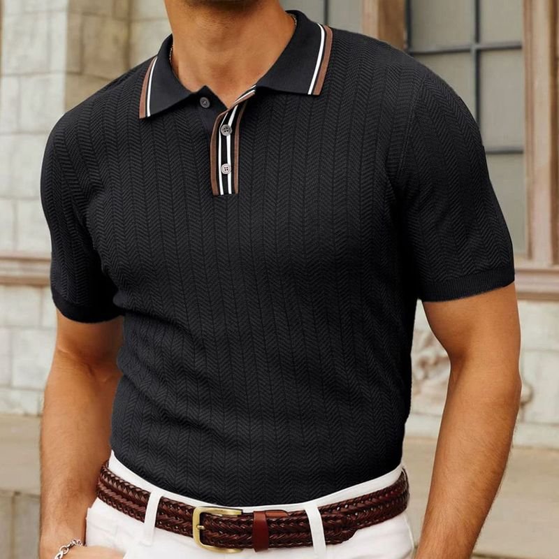 Men Fashion Casual Business Stripe Knitted Short Sleeve Lapel POLO Shirt