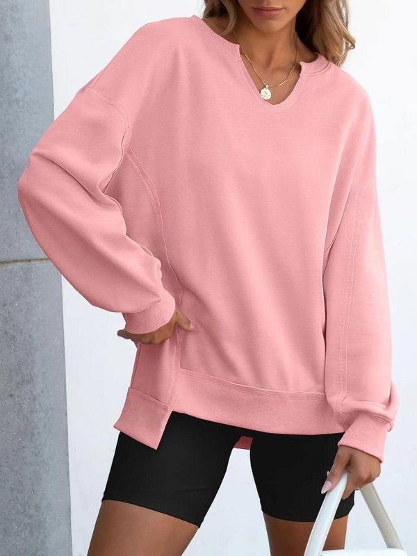 Autumn Winter Women Fashion Solid Color Loose Irregular Hem Long Sleeve Sweatshirt