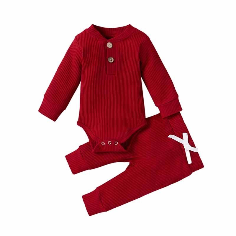 Kids Baby Boys Girls Casual Cute Solid Color Rib-Knit Long-Sleeved Romper Trousers Sets