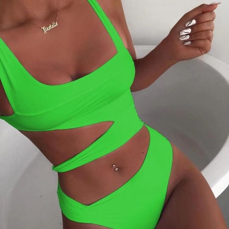 Women Basic Sleeveless Solid Color Cut Out Bandage One Piece Swimwear