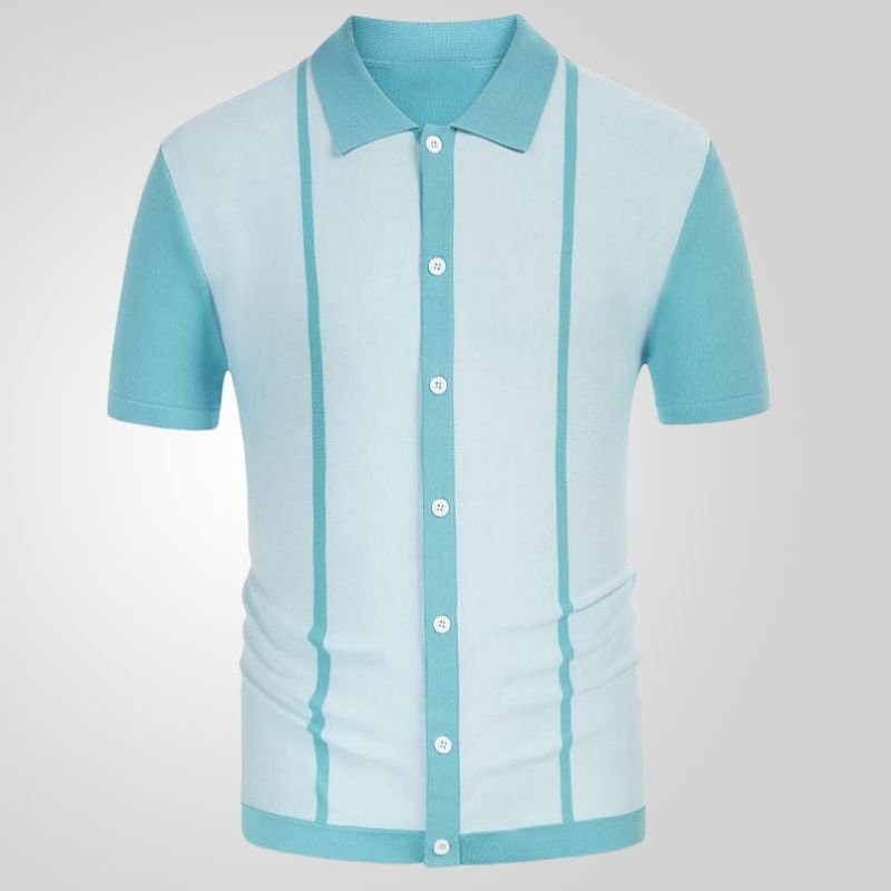 Men Fashion Casual Color Matching Stripe Cardigan Knitted Short Sleeve Lapel Shirt