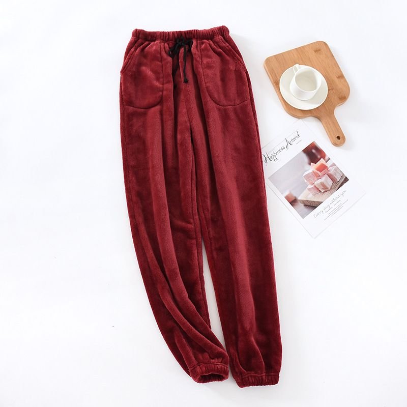 Men Autumn Winter Casual House Pajamas Solid Color Flannel Trousers